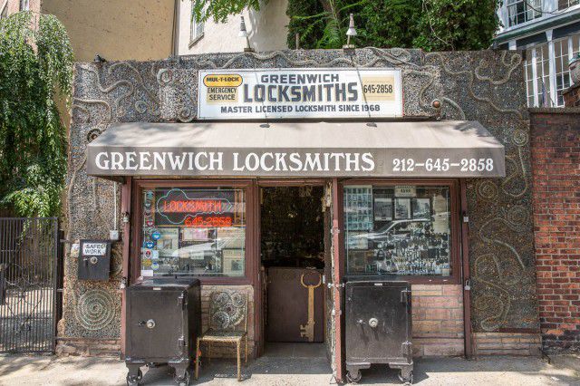 GREENWICH LOCKSMITH (56 7th Ave S)Greenwich Locksmith is only 125-square-feet, but it packs a punch. Phil Mortillaro has owned the diminutive storefront for 36 years, but it was only a few years ago that he turned the facade into its own work of art. Keys layered over more keys meld together to form textured, serpentine patterns, adding a dash of phantasmagoria to the typically dull chore of having keys made. Look closely and you'll make out Van Gogh's 'Starry Night' in there, too. Mortillaro tells me that he's been making keys since 1964, and that he originally operated out of a different building around the corner. But when the landlord raised the rent from $400 per month to the untenable sum of $1,700, Mortillaro knew it was time to move. He bought his current space for $20,000, but its small, funky shaped interior hasn't discouraged massive corporations from doing their damnedest to snuff out independently owned businesses in NYC. Chase Bank recently offered him $2 million to turn the store into an ATM kiosk. When he told me that, my breath caught in my chest: not another one. But Mortillaro isn't going to bite; not this bait, not any. "Every time I said no, they went higher on the price," he chuckled. "But that's not going to happen. This is where I'll spend the rest of my life." Bravo, Greenwich Locksmith. If you get keys made there (and you should!), you'll be in the company of the many celebrities who live in the area. Mortillaro is good at his job; he refused to disclose any names, but the impression I was left with was "all of them."   (Photo by Tod Seelie/Gothamist)  (Photo by Tod Seelie/Gothamist)  (Photo by Tod Seelie/Gothamist)